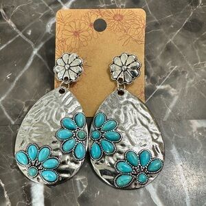 Silver and Turquoise Floral Drop Earrings - New on Card.